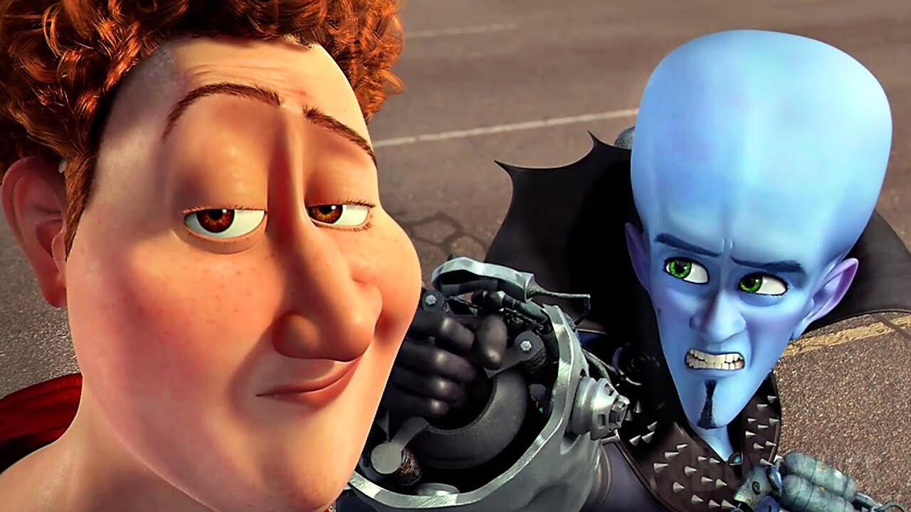 A still frame from the Dreamworks animated movie Megamind, where-in the titular character (right) punches Tighten (left) in a fight scene. This particular frame, along with the entire movie, have both become well-known memes.