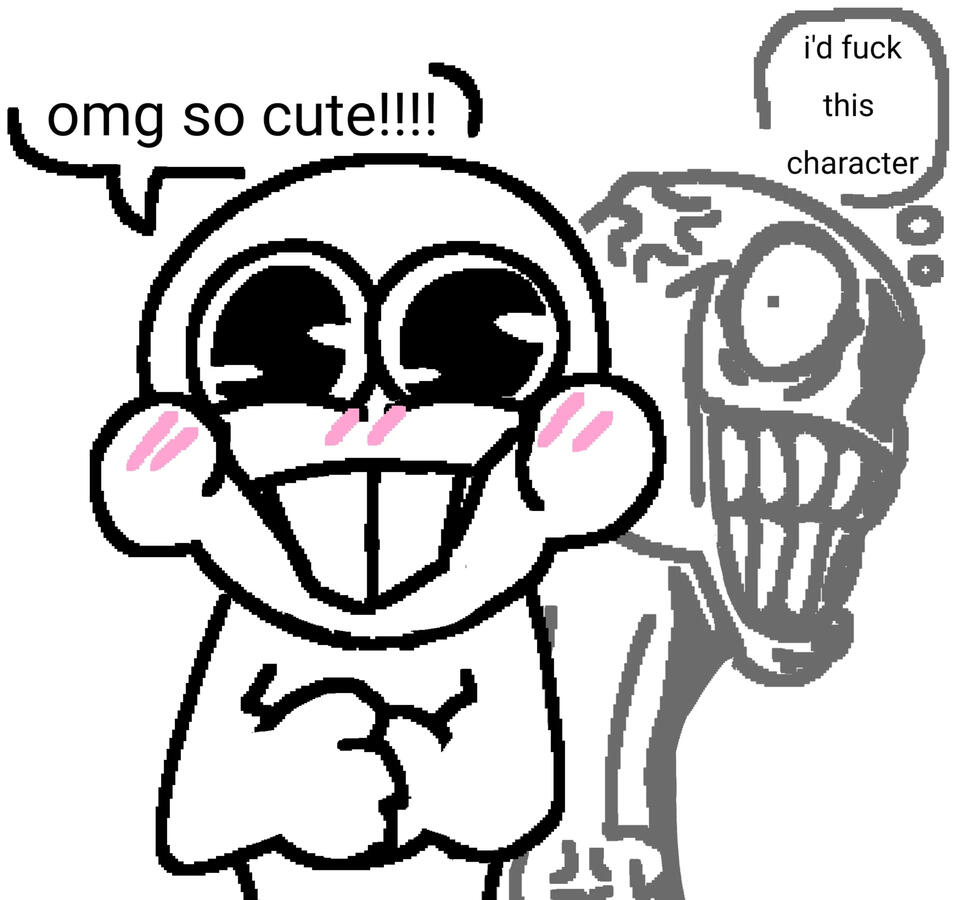 A meme image with two characters. The leftmost character is blushing slightly and has a huge smile with buck teeth and big eyes. A speech bubble above them says "omg so cute!!!!" Meanwhile, the character on the right is faded somewhat and has an unhinged e
