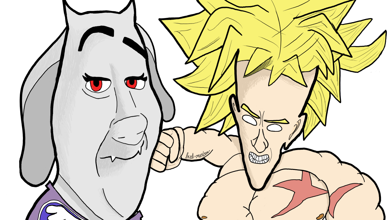 A redraw of the famous scene where Megamind punches Tighten, from the movie Megamind. Instead of the original characters, Megamind is replaced with Broly from the Dragon Ball series and Tighten has been replaced with Toriel from the video game Undertale.